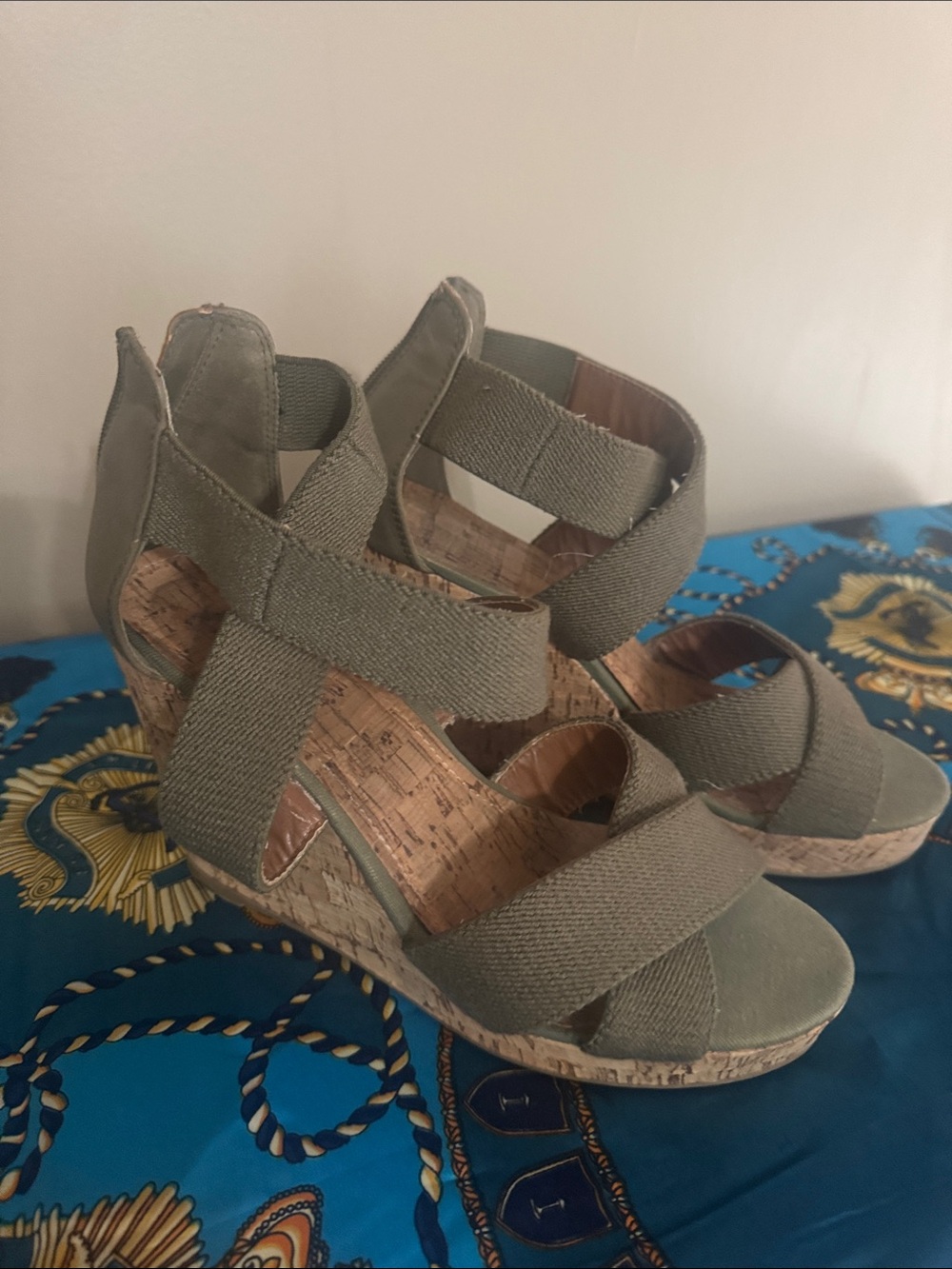 Olive Green Elastic Strap Wedge Sandals